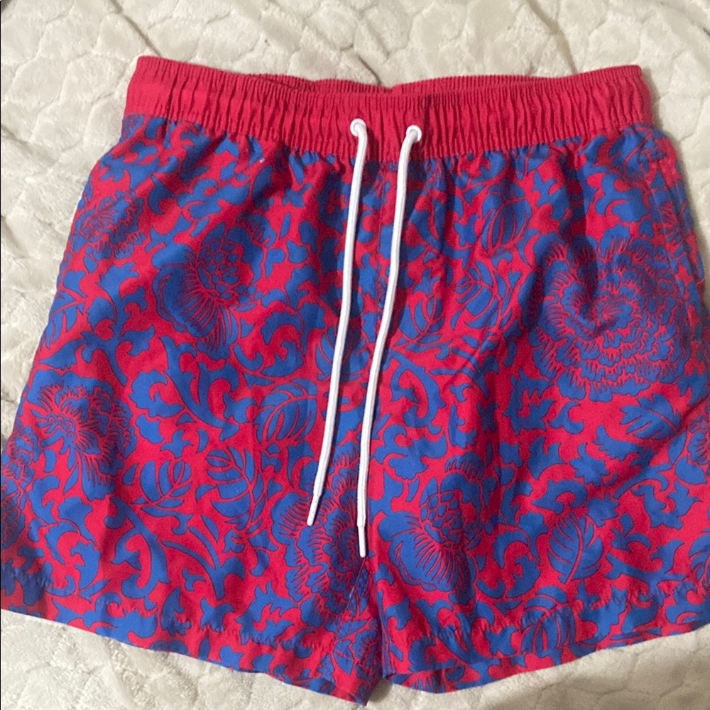 Vibrant Red and Blue Floral Swim Shorts